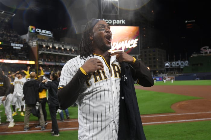 Josh Bell celebrates the San Diego Padres’ win.